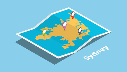 sydney australia central city explore maps with isometric style and pin location tag on top vector illustration