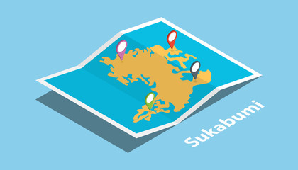 sukabumi indonesia city explore maps with isometric style and pin location tag on top vector illustration