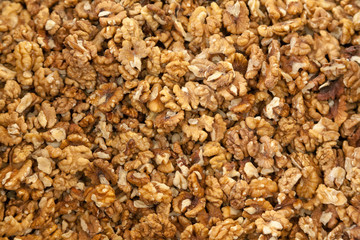 Closeup of big shelled walnuts pile