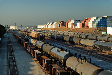 Trains and cargo containers heading in and out the Los Angeles harbor.