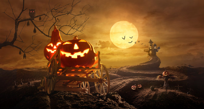 Halloween Pumpkins On Farm Wagon Going Through Stretched Road Grave To Castle Spooky In Night Of Full Moon And Bats Flying