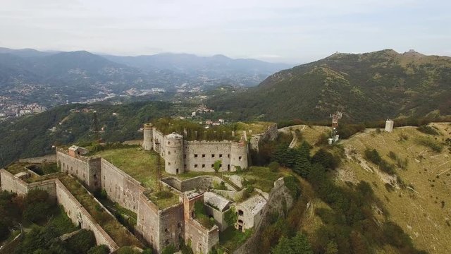 Drone shot of Forte Sperone in Genoa, Italy, flying backwards