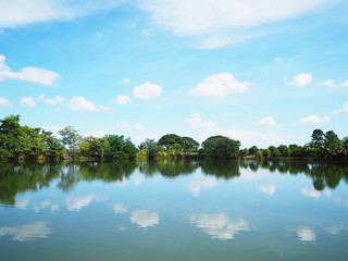 Landscape of fishing pond on sunny day with reflection