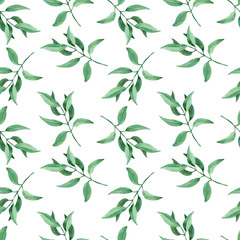 Naklejka na ściany i meble Seamless pattern with green leaves on white background. Hand drawn watercolor illustration.