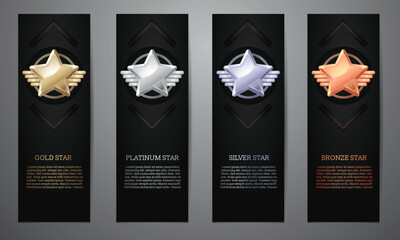 Set of black banners, Gold, platinum,silver and bronze star, Vector illustration.l