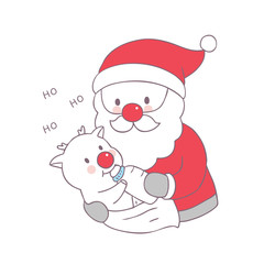 Cartoon cute Christmas Santa Claus feeding baby reindeer vector.