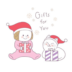 Cartoon cute Christmas girl and cat and gifts vector.