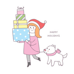 Cartoon cute Christmas woman and dog shopping vector.