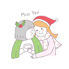Cartoon cute Christmas family mom and daughter vector. 