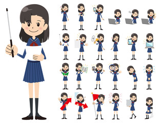 Fototapeta premium Schoolgirl charactor set. Presenting in various action.
