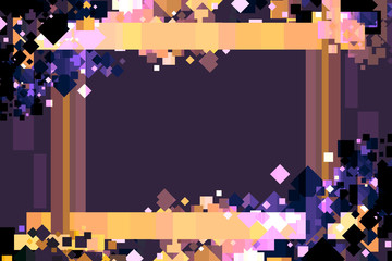 Graphic Design Background. Colorful Confetti Frame with Copy Space. Purple, Yellow, and Gold.