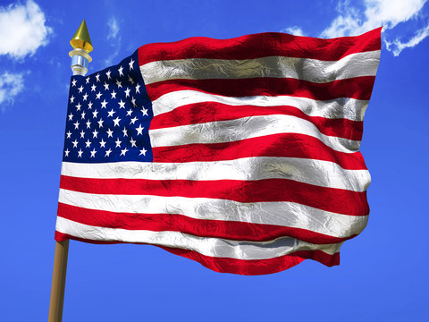 USA flag Silk foil waving flag of United States of America with wooden flagpole with golden spear on blue sky with clouds background 3d illustration