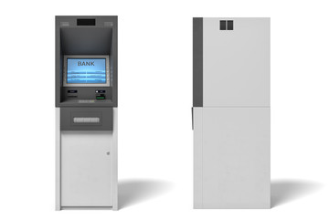 3d rendering of an isolated bank ATM machine with a lit blue screen on white background.