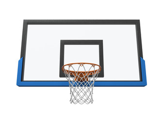 3d rendering of a basketball hoop with an empty basket and transparent backboard.