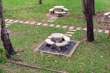 Top view of stone tables and benches set under large tree in the park.