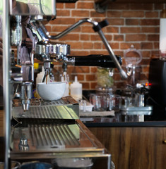 coffee machine at barista bar , selective focus , beverage concept.