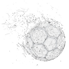 soccer ball in a modern abstract style. breaks up and flies crashing the background.