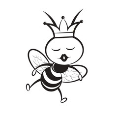 black and white queen bee vector cartoon isolated on white backround