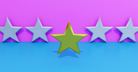 5 Stars. A golden star in focus. Symbol for a vip or favorite. Rating Concept. 3d rendering