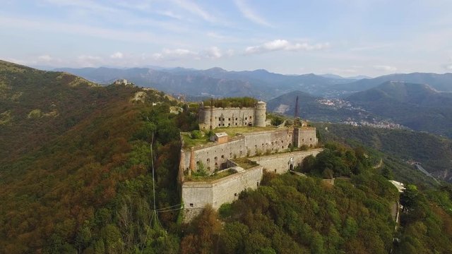 Aerial drone shot of Forte Sperone in Genoa, Italy with an orbital parallax effect