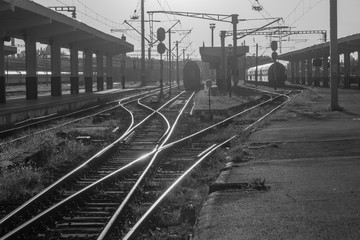 Railway station in black and white in the morning at sunrise in Cluj-Napoca, Romania