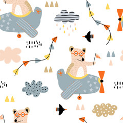 Seamless pattern with bears in airplanes