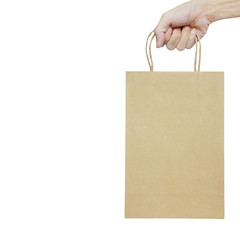 Hand Carrying Brown Paper Shopping Bag Isolated on White Background