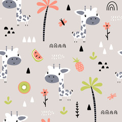 Seamless background with cartoon giraffes