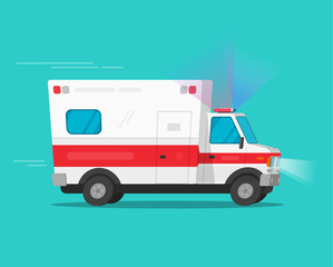 Ambulance emergency car cartoon humor vector illustration moving fast, flat comic cute medical vehicle auto with flasher light or siren isolated © vladwel