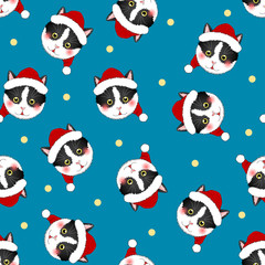 Black White Cat Santa Claus on Indigo Blue Background