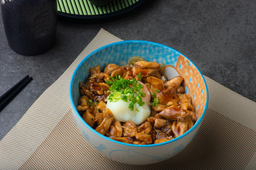 Rice with teriyaki chicken grill or teriyaki don in Japanese style set and ready to eat i