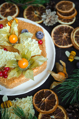 Home made honey cake, Top view on dark background