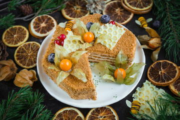 Home made honey cake, Top view on dark background
