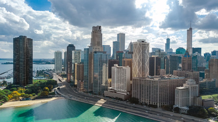 Chicago skyline aerial drone view from above, lake Michigan and city of Chicago downtown skyscrapers cityscape, Illinois, USA
