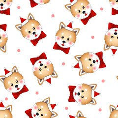 Shiba Inu Santa Claus Dog with Red Ribbon on White Background