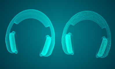 3D headphones on blue background.