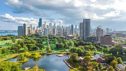 Peel and stick wall murals American Places Chicago skyline aerial drone view from above, lake Michigan and city of Chicago downtown skyscrapers cityscape from Lincoln park, Illinois, USA  