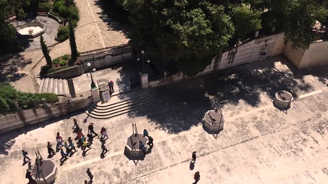 View from tower to 5 wells square in historic town of Zadar in Dalmatia region. Travel Croatia.