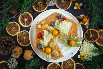 Home made honey cake, Top view on dark background