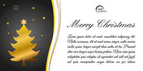 Merry christmas flat vector card with gold tree on black background and gold line