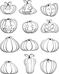 Set of six black outline pumpkins isolated on white background. A symbol of the holiday of Halloween.