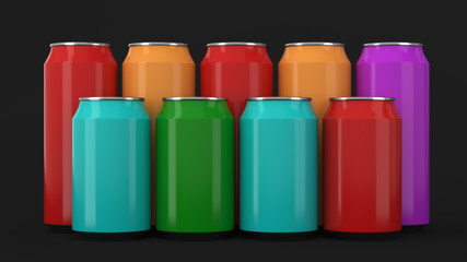  Colorful soda cans standing in two raws on black background