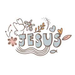 Jesus lettering design hand drawn illustration on white background 
