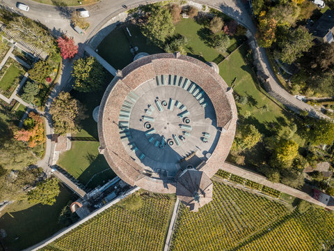 Aerial bird's view of the symmetrical Munot tower, which is a medieval fort and landmark of Swiss town Schaffhausen, Switzerland
