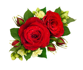 Floral composition with red roses and bouvardia flowers