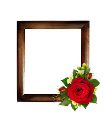 Obraz premium Floral composition with red roses and bouvardia flowers with wooden frame