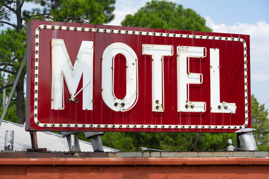 Saturated Red Abandoned Neon Motel Sign Urban Southern Place
