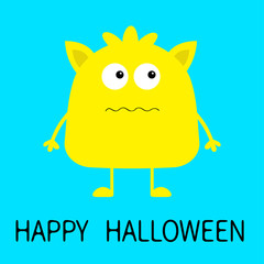 Happy Halloween. Cute yellow monster icon. Cartoon colorful scary funny character. Eyes, ears, mouth, hair. Funny baby collection. Blue background Isolated. Flat design.