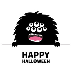 Happy Halloween. Monster scary face head icon. Hands paw holding line. Eyes, screaming. Cute cartoon boo spooky character. Black silhouette. Kawaii funny baby. Flat design. White background