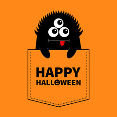 Happy Halloween. Black monster silhouette in the pocket. Holding hands. Cute cartoon scary funny character. Baby collection. T-shirt design. Eyes, tongue. Orange background. Flat design.